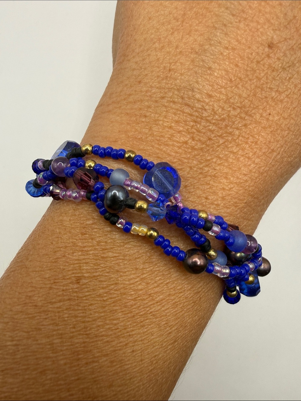 Vintage Gold Tone Purple Royal Blue Seed Beaded Multi Layered Bangle Bracelet